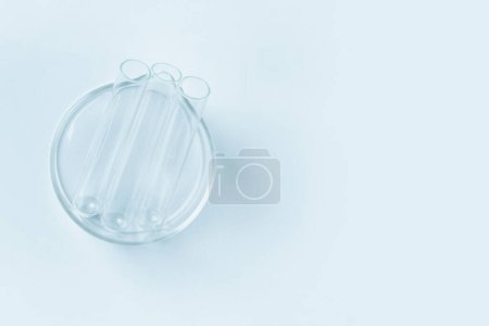 Téléchargez les photos : Une fiole de cristallisation en verre bleu vide avec des fioles vides sur un fond bleu clair. vue d'en haut. - en image libre de droit