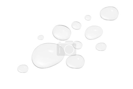 Gotas de gel transparente o agua en diferentes tamaños. Sobre un fondo blanco.