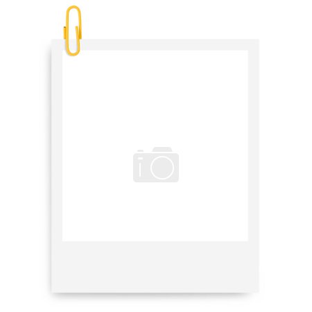white Polaroid photo frame with a yellow paper clip on a blank background.