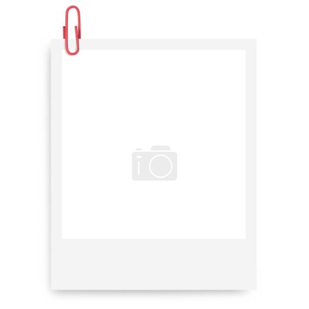 white Polaroid photo frame with a red paper clip on a blank background.