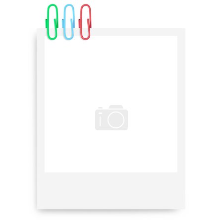 white Polaroid photo frame with paper clips of different colors on a blank background.