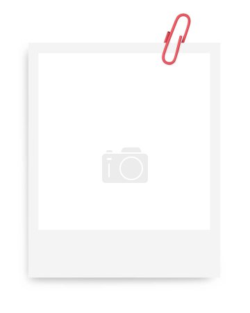 white Polaroid photo frame with a red paper clip on a blank background.