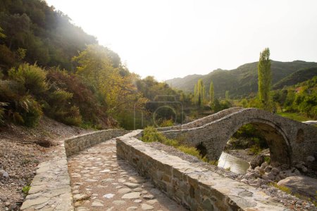 A beautiful curved bridge, paved with large stones, across a mountain river