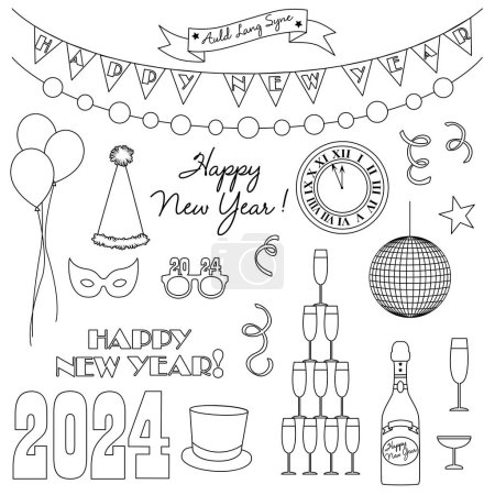 2024 New Years Eve Black Outline Vector Illustrations