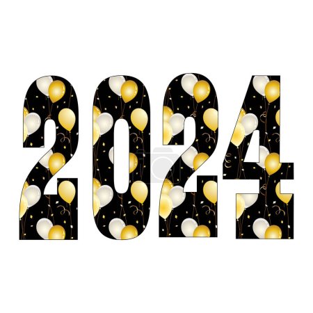 Nouvel An veille 2024 typographie avec ballons et confettis