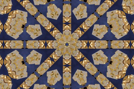 kaléidoscope d'or, pépites d'or, métal noble, composition abstraite de figures géométriques formant un arrangement kaléidoscopique,