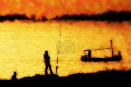 Photo painting, illustrated photo with oil painting effect. The decisive moment, a tribute in color to Cartier Bresson, the man, the fisherman and the fishing boat,