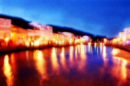 Photo painting, illustrated photo, with relief oil painting effect, night photography of the town of Cedeira with the Condomias River, A Corua, Galicia, Spain,