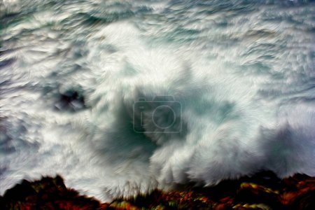 Téléchargez les photos : Photo, photo illustrée, avec effet peinture à l'huile relief, mer orageuse à Cabo A Frouxeira, A Corua, Galice, Espagne, - en image libre de droit