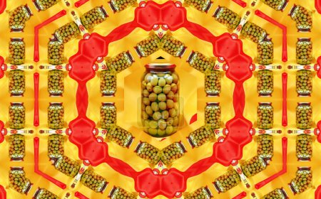  pitted olives,   abstract composition of a photography with a central motif that develops in a kaleidoscopic way,