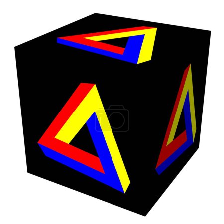 Cube noir avec triangle Penrose, sur fond blanc, Jeux de peinture avec les 3 couleurs de base, hommage à Joan Mir, naturalisme abstrait,