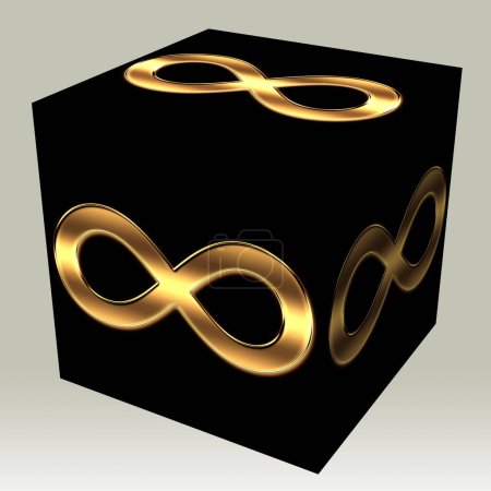 black cube with golden infinity signs on gray gradient background,    series of artistic variations of the mathematical sign of Infinity, represents the concept of Infinity. is also called lemniscate.