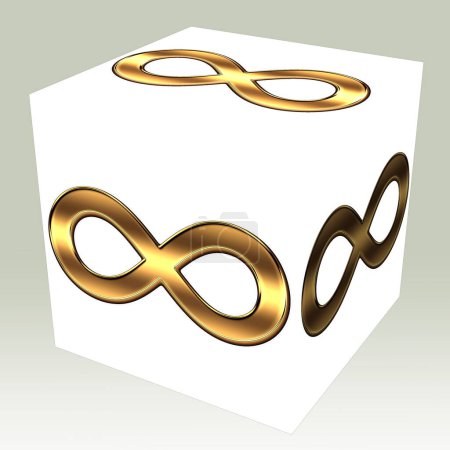 White Cube mit goldenen Unendlichkeitszeichen auf grauem Gradientenhintergrund, eine Reihe künstlerischer Variationen des mathematischen Zeichens der Unendlichkeit, repräsentiert das Konzept der Unendlichkeit. wird auch Lemniskate genannt.