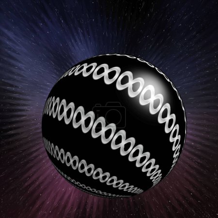 sphère noire avec des signes d'infini d'argent, naviguant dans l'espace infini série de variations artistiques du signe mathématique de l'infini, représente le concept de l'infini. est aussi appelé lemniscate