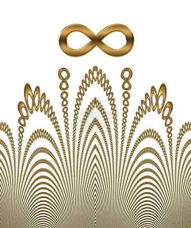 Das symmetrische Design des goldenen Unendlichkeitszeichens auf weißem Hintergrund, eine Reihe künstlerischer Variationen des mathematischen Zeichens der Unendlichkeit, repräsentiert das Konzept der Unendlichkeit. wird auch Lemniskate genannt.