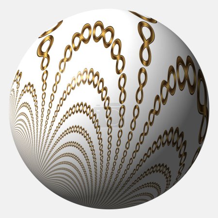 weiße Kugel mit goldenem Unendlichkeitszeichen auf weißem Hintergrund, eine Reihe künstlerischer Variationen des mathematischen Zeichens Unendlichkeit, repräsentiert das Konzept der Unendlichkeit. wird auch Lemniskate genannt.