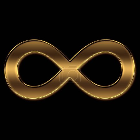 goldenes Unendlichkeitszeichen auf schwarzem Hintergrund, eine Reihe künstlerischer Variationen des mathematischen Zeichens Unendlichkeit, repräsentiert das Konzept der Unendlichkeit. Dieses Symbol wird auch Lemniskate genannt.