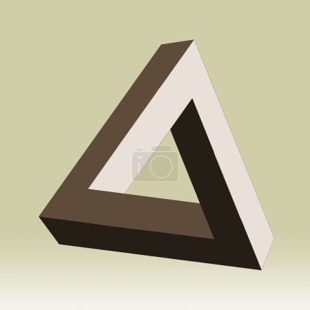 Le triangle Penrose aux tons ocre et noir sur fond kaki dégradé, objet impossible, illusion d'optique,