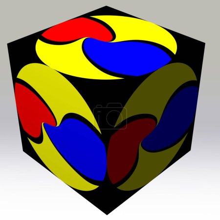 cubo negro, colores básicos, sobre fondo degradado gris, Juegos de pintura con los 3 colores básicos, homenaje a Joan Mir, naturalismo abstracto,