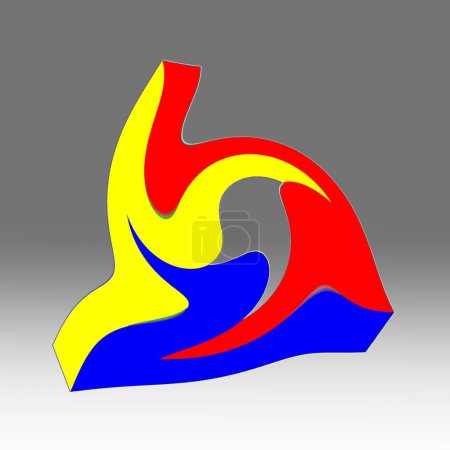 Penrose Dreieck Dekonstruktion, Grundfarben, Spiralform, Bewegung, auf grauem Gradientenhintergrund, Malerei Spiele mit den 3 Grundfarben, Hommage an Joan Mir, abstrakter Naturalismus,