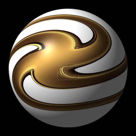 white sphere with gold infinity sign, black background,  series of artistic variations of the mathematical sign of Infinity, represents the concept of Infinity.  is also called lemniscate.