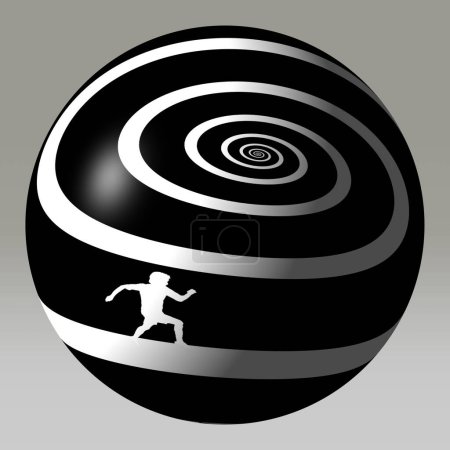 Spiral black sphere with man running towards nowhere,