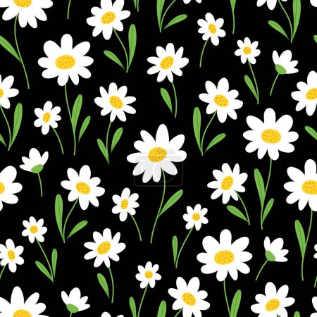 Seamless patterns with daisy flower on black background. Hand drawn vector illustration. Summer cute texture.