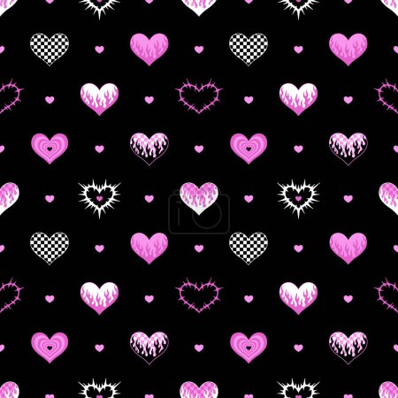 Y2k seamless pattern with hearts. Dark vector background. Black and pink. Fabric, textile print.