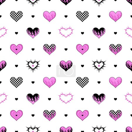 Y2k nahtloses Muster mit Herzen. Vektorhintergrund. Schwarz und rosa. Stoff, Textildruck.