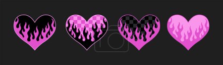 Y2k pink heart stickers. Neo tribal set. Hand drawn vector illustration. Retro sticker collection. Stylised heart prints.