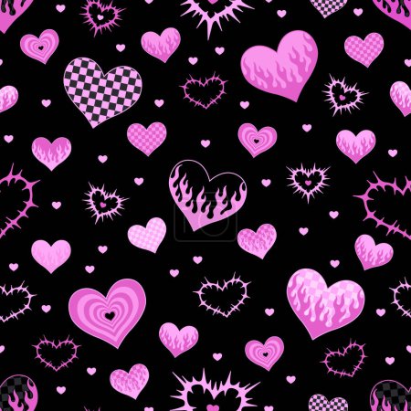 Y2k seamless pattern with hearts. Vector background. Black and pink. Fabric, textile print.
