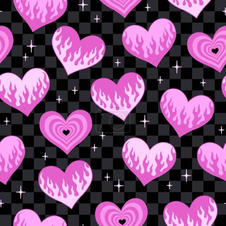 Y2k seamless pattern with pink hearts on checkered background. Vector glam design. 90s, 00s aesthetic.