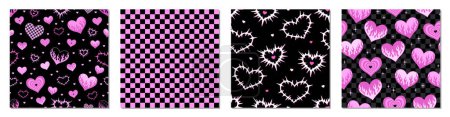 Ensemble vectoriel. Motifs sans couture Y2K. Fond cardiaque. Noir et rose. Tissu, imprimé textile.