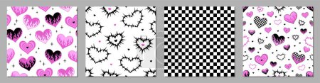 Conjunto de vectores. Y2k patrones sin costura. Fondo del corazón. Negro y rosa. Tejido, estampado textil.