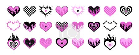 Téléchargez les illustrations : Stickers coeur rose Y2K. Ensemble néo-tribal. Illustration vectorielle dessinée main. Collection d'autocollants rétro. Empreintes cardiaques stylisées. - en licence libre de droit
