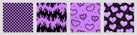 Ensemble vectoriel. Motifs sans couture Y2K. Fond cardiaque. Noir et violet. Tissu, imprimé textile.