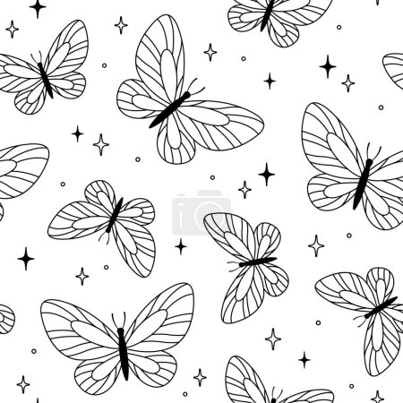 Seamless pattern with butterflies. Hand drawn vector illustration. Line art.