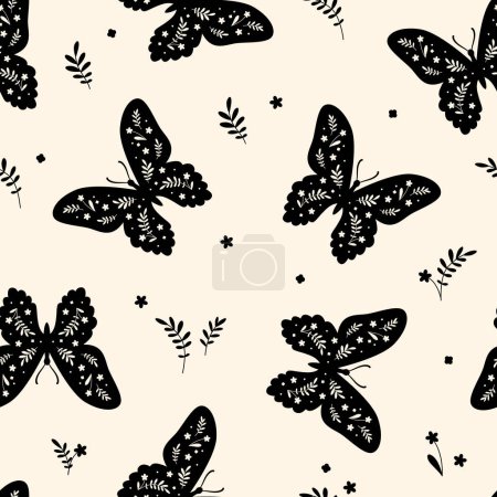 Nahtloses Muster mit Schmetterlingen und Blumen. Handgezeichnete Vektorillustration.