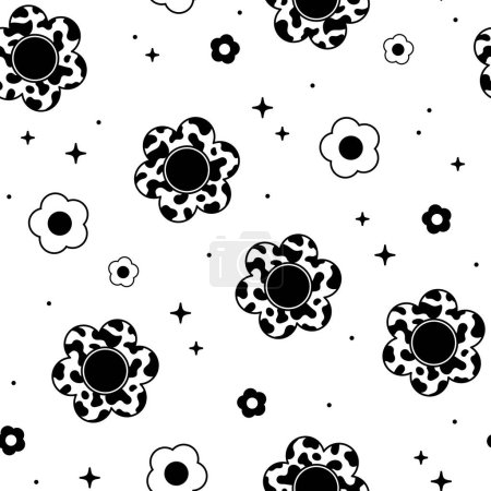 Illustration for Seamless pattern with flowers. Y2k retro style. Vector background. Black and white. - Royalty Free Image