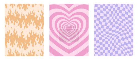Vector set. Contemporary compositions with fire, heart, checkboard. Abstract y2k posters. Wall decor.