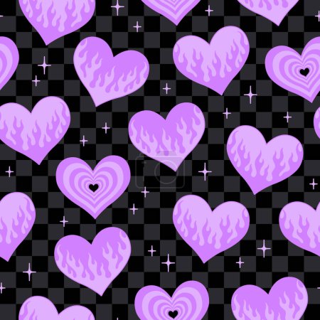 Y2k patrón sin costuras con corazones violetas sobre fondo a cuadros. Diseño de glamour vectorial. 90s, 00s estética.
