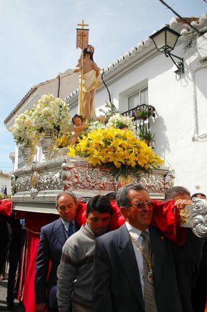 Photo for Easter  Processions in the Benalmadena Pueblo on the Costa Del Sol in Spain.Spanish People are very religious and Easter is  their most spectacular displays of their Faith.They carry the statues through the streets accompanied by bands and flowers - Royalty Free Image