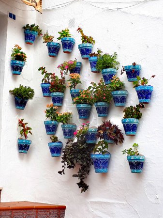 Photo for Typical Wall in Mijas covered with pots of Plants. Mijas is i the Mountains above the Costa dl Sol in Andalucia Spain - Royalty Free Image
