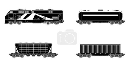 Téléchargez les photos : Wagons de marchandises ferroviaires, silhouette de locomotive noire avec des wagons sur fond blanc, wagon le réservoir, wagon-trémie et plates-formes à conteneurs, illustration - en image libre de droit