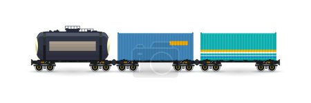 Illustration for Railway freight wagons, car the tank for transportation of liquid and loose freights, oil, the liquefied gas, milk, cement, flour, water, container platforms for transportation of containers by rail - Royalty Free Image