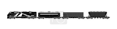 Illustration for Railway freight wagons, black locomotive silhouette with wagons on a white background, car the tank, hopper car and container platforms, vector illustration - Royalty Free Image