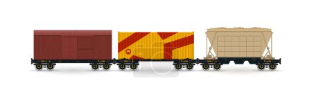 Illustration for Railway freight wagons, container platforms for transportation of containers by rail, hopper car for mass transit fertilizer, cement, grain and other bulk cargo, vector illustration - Royalty Free Image