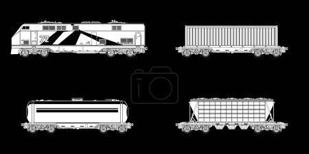 Illustration for Railway freight wagons, white locomotive silhouette with wagons on a black background, car the tank, hopper car and container platforms, vector illustration - Royalty Free Image