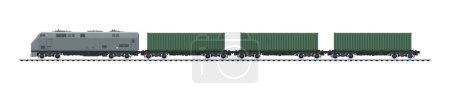 Illustration for Railway freight wagons, locomotive with cargo container on railroad platform , railway and container transport banner, vector illustration - Royalty Free Image