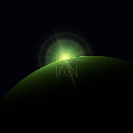 Illustration for View from space, green star rises above the planet, the sun rising over the earth, rays and glare over the earth , space background, vector illustration - Royalty Free Image